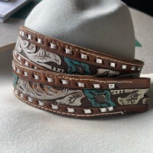 Vintage Tooled Leather Western Belt with Turquoise Floral Accents